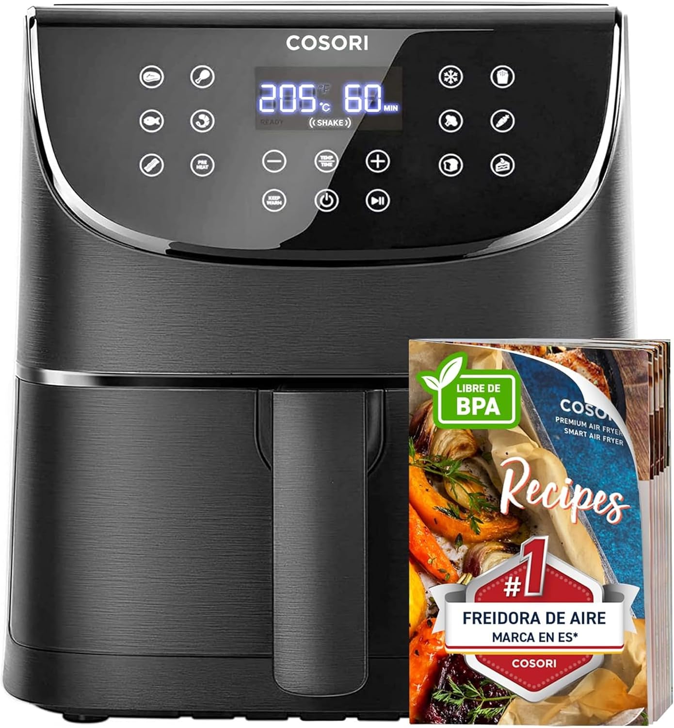 Cosori Freidora de Aire 5,7L Interior Metálico Real, Tecnología Calefacción Uniforme, 40 Recetas de Chef, 13 Programas Automáticos, Eficiencia Energética, 1700W