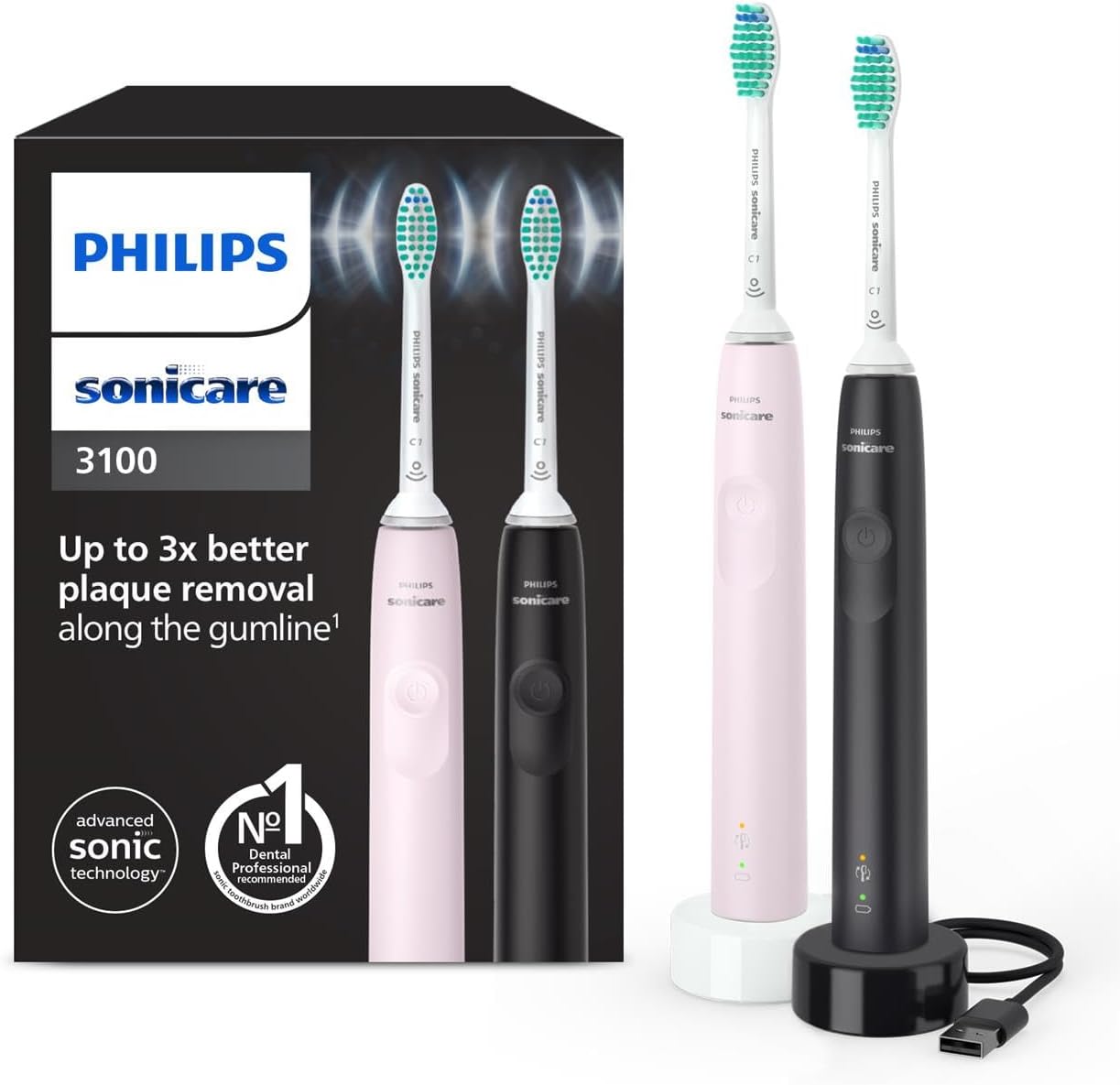 Philips Sonicare 3100 Pack Doble Cepillo Dental Eléctrico Sónico, Sensor de Presión, Temporizador, Rosa y Negro, HX3675/15