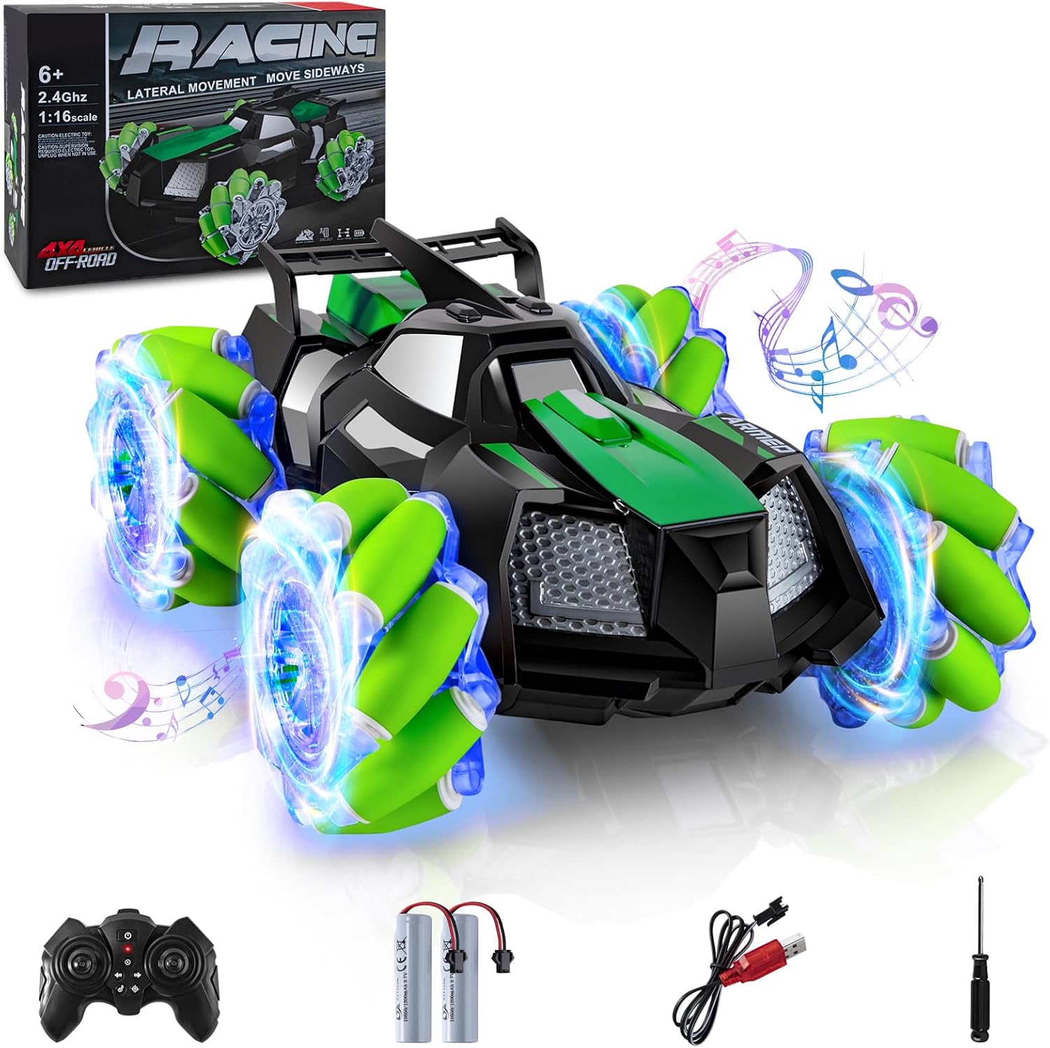 Uplayteck Coche Teledirigido 4WD 1/16 Rotación 360°, 2.4GHz, Luces LED, Música, Batería Recargable 30-40min, Juguete para Niños y Adultos