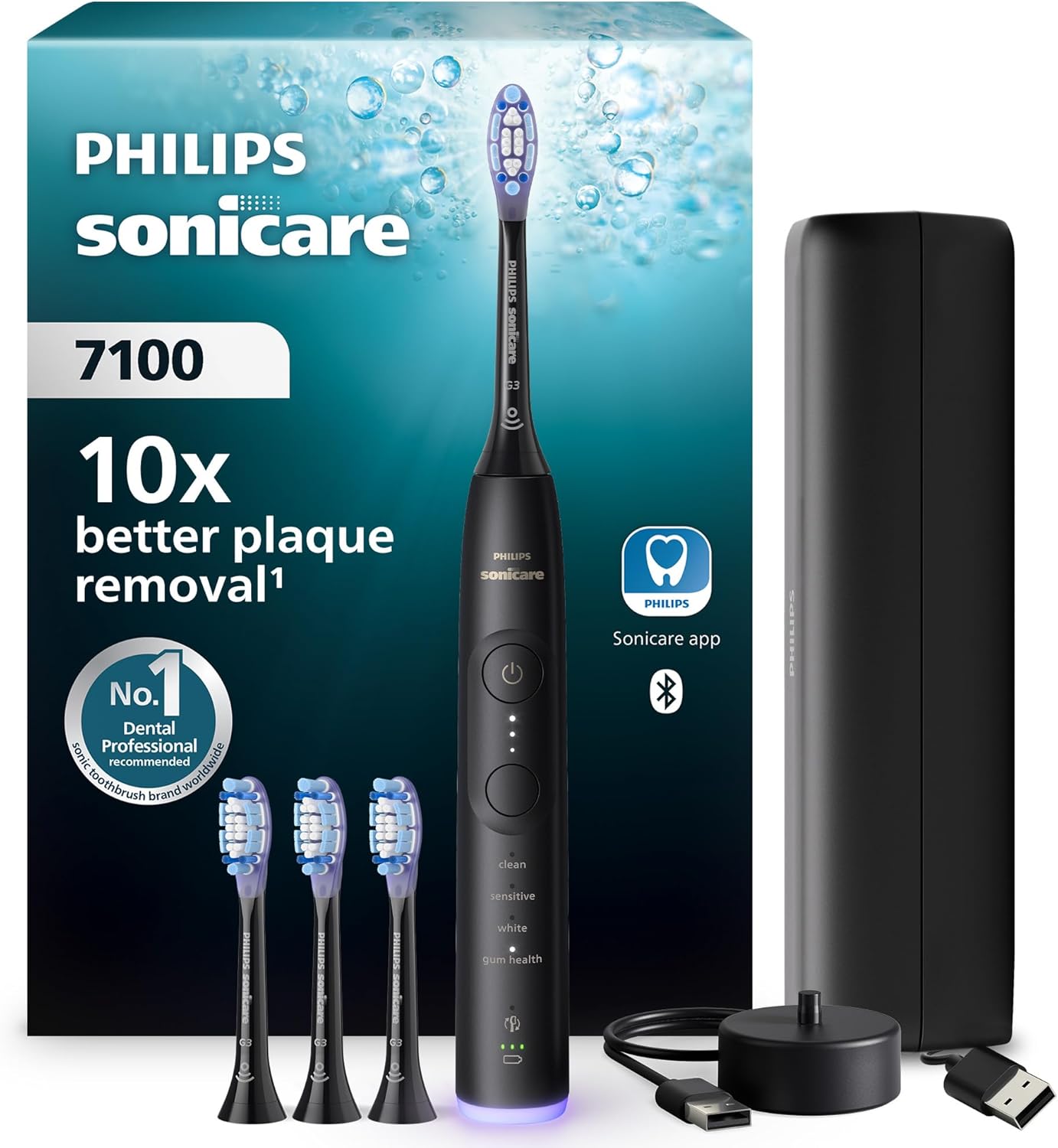 Philips Sonicare 7100 Cepillo Dental Eléctrico Sónico, 4 Modos y 3 Intensidades, Alerta de Presión, SmarTimer, Negro, HX7421/08 Nueva Tecnología