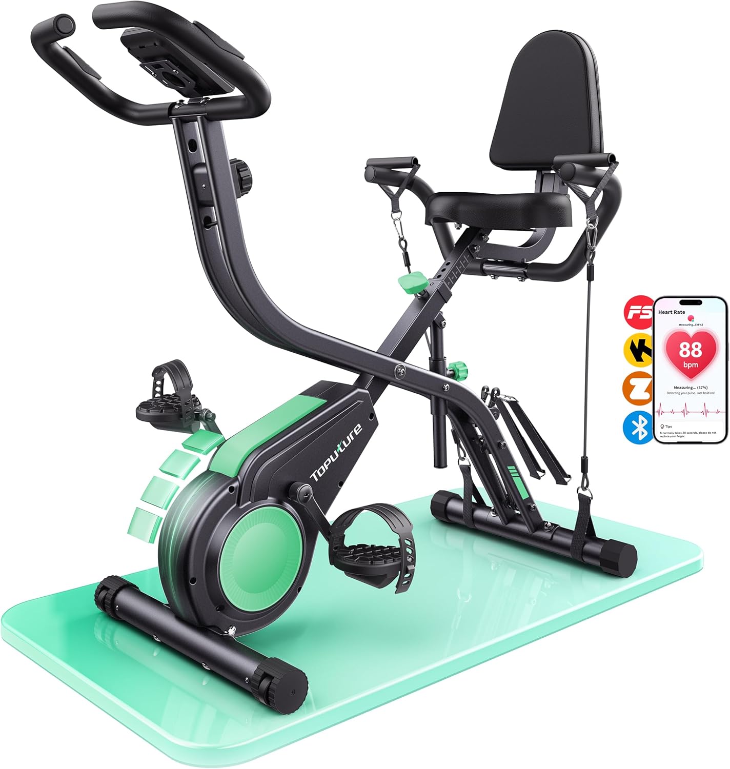 Toputure Bicicleta Estática Plegable 5 en 1 con APP, Respaldo, Pulsómetro, LCD y 16 Niveles de Resistencia Magnética, Compatible Fitshow/Zwift, Máx 140KG