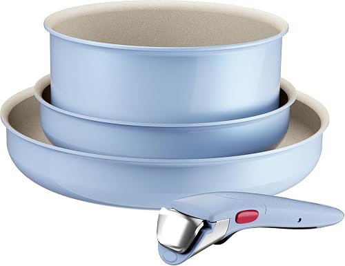 Tefal Ingenio Serenity - Juego de 2 Sartenes + Cazo, Azul Cielo | 2 Sartenes 22/28 cm + Cazo 20 cm + Mango extraíble, Reve...