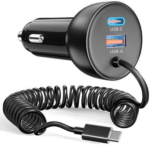 75W Cargador Coche Carga Rapida USB-C/A con Cable Espiral...